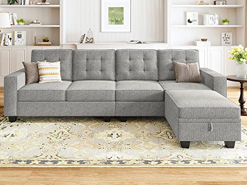 HONBAY L Shaped Sectional Couch with Storage 4 Seat Sofa with Reversible Chaise, Light Grey