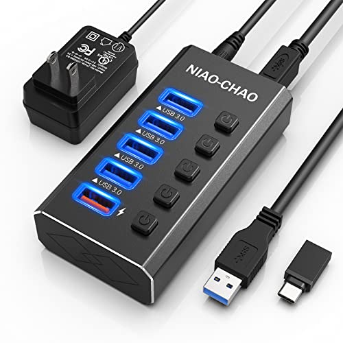 Powered USB Hub [Durable Aluminum] USB Hub 3.0 Powered, Individual Switch Buttons Smart Charging USB Port Expander Fit for External Hard Drive Electronics Gaming Laptop Desktop PC