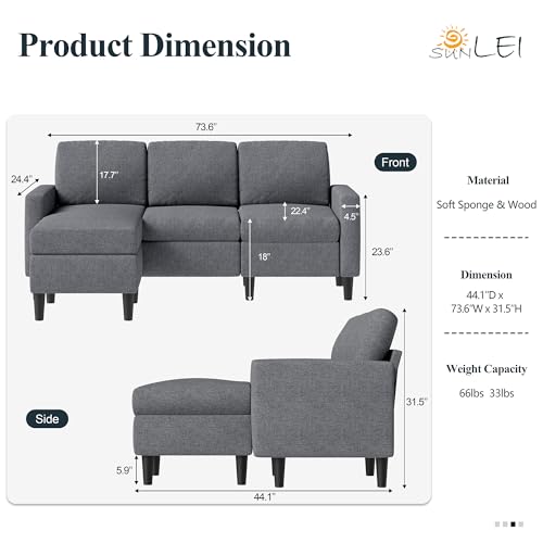 SUNLEI L-Shaped Couch Sofa for Living Room Convertible Sectional Sofa with Reversible Chaise Modern Linen Fabric,Sectional Sofa Couch for Small Space(Dark Grey)