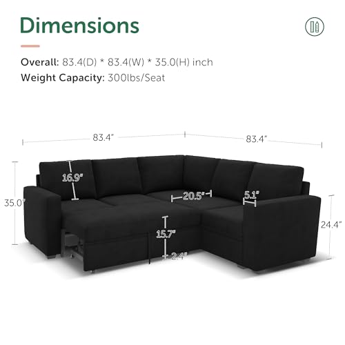 HONBAY Modular Sectional Sleeper Sofa with Pull out Bed, Velvet L Shaped Sectional Couch with Storage Seat, Convertible Sectional Couches for Living Room, Black