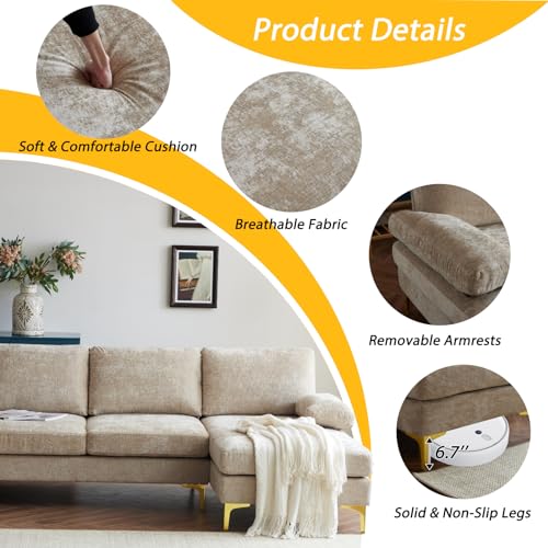 Karl home Convertible Sectional Sofa 110" U-Shape Sofa Couch 4-Seat Couch with Chaise ChenilleFabric Upholstered for Living Room, Apartment, Office, Camel