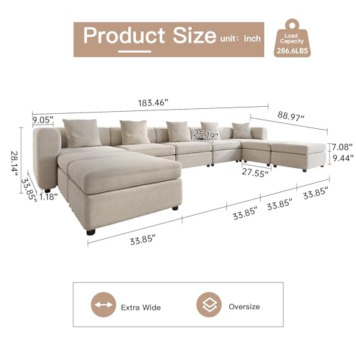 Miuuod 9 Seaters L/U Shape Oversized Convertible Sectional Sofa Couch for Living Room,5 Seats with 4 Ottomans L Shape Sofa,Cozy Couches,Queen Velvet Couche,Extra Large Sofa Bed Beige,183.46" L