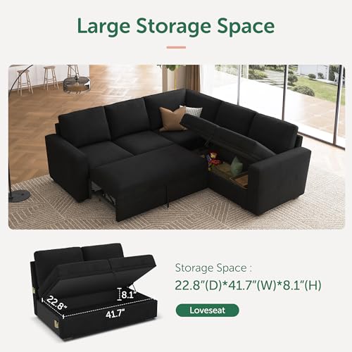 HONBAY Modular Sectional Sleeper Sofa with Pull out Bed, Velvet L Shaped Sectional Couch with Storage Seat, Convertible Sectional Couches for Living Room, Black