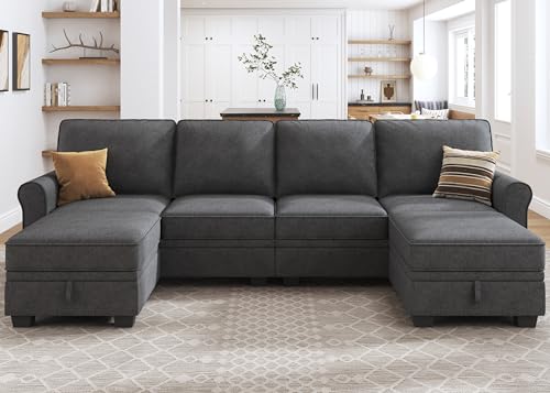 HONBAY Sectional Sofa with Storage Seat U Shaped Sectional Couch with Reversible Chaise Convertible Sectioal Couch for Living Room,Dark Grey