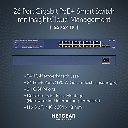 NETGEAR 24-Port Gigabit Ethernet Smart Managed Pro PoE Network Switch (GS724TP) - Hub with 24 x PoE+ @ 190W, 2 x 1G SFP, Desktop/Rackmount, and ProSAFE Protection, Black, Grey