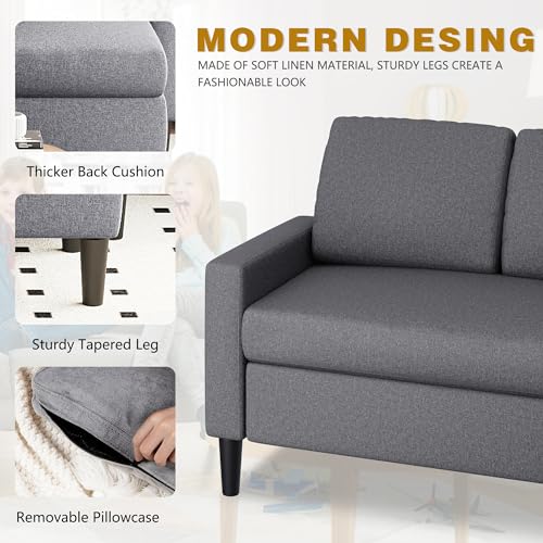 Shintenchi 74" Convertible Sectional Sofa Couch, Small 3-Seat L-Shaped Sofa with Modern Linen Fabric Upholstered, Space-Saving Sofa with Reversible Chaise for Living Room Apartment(Dark Gray)