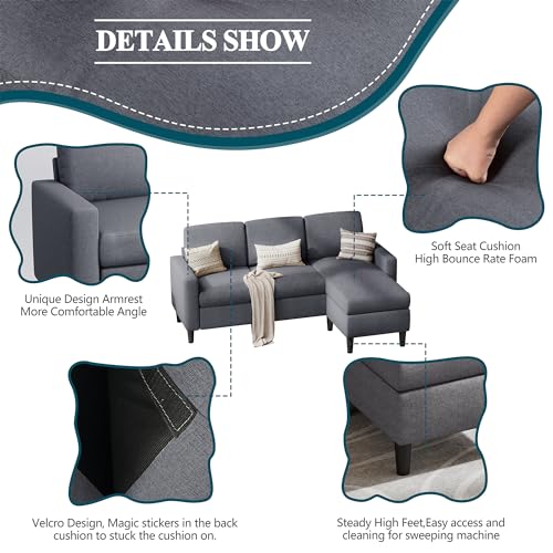 SUNLEI L-Shaped Couch Sofa for Living Room Convertible Sectional Sofa with Reversible Chaise Modern Linen Fabric,Sectional Sofa Couch for Small Space(Dark Grey)