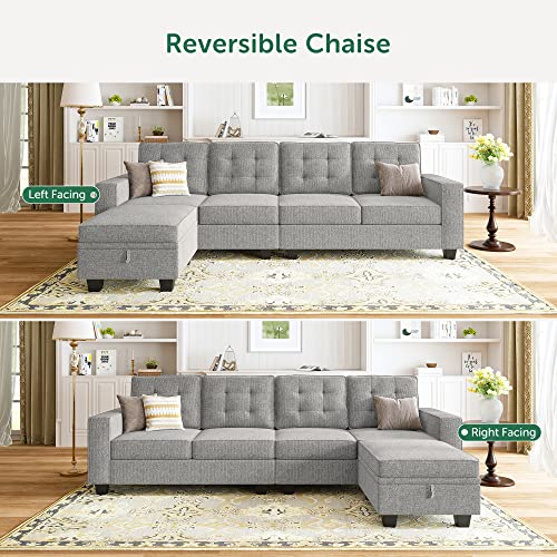 HONBAY L Shaped Sectional Couch with Storage 4 Seat Sofa with Reversible Chaise, Light Grey
