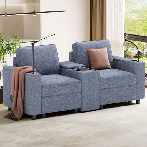 beyond SMART Lovseat, Modular Sectional Sofa, Power Conscle with Cup Holders, Bluetooth Stereo, Theater Seats with Power Grommet, Wireless Charging, Led Light for Living Room, Blue