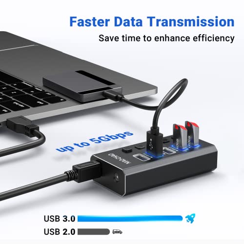 Powered USB Hub [Durable Aluminum] USB Hub 3.0 Powered, Individual Switch Buttons Smart Charging USB Port Expander Fit for External Hard Drive Electronics Gaming Laptop Desktop PC
