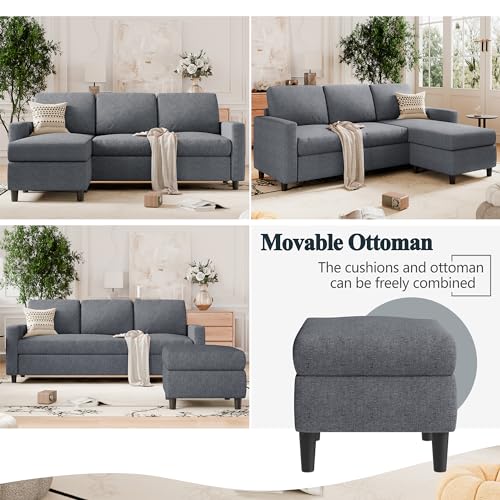 SUNLEI L-Shaped Couch Sofa for Living Room Convertible Sectional Sofa with Reversible Chaise Modern Linen Fabric,Sectional Sofa Couch for Small Space(Dark Grey)