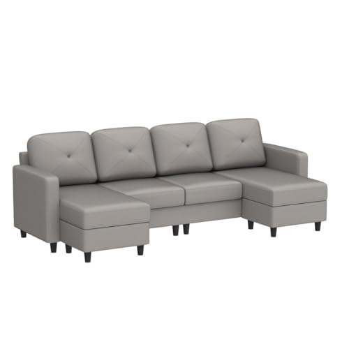 HONBAY U Shaped Sectional Couch Convertible Sectional Couch with Double Chaise 4 Seat Sectional Sofa for Living Room, Light Grey