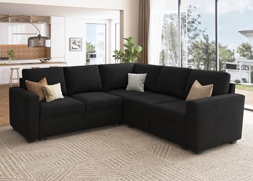 HONBAY Modular Sectional Sleeper Sofa with Pull out Bed, Velvet L Shaped Sectional Couch with Storage Seat, Convertible Sectional Couches for Living Room, Black