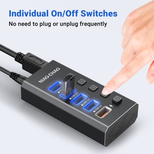 Powered USB Hub [Durable Aluminum] USB Hub 3.0 Powered, Individual Switch Buttons Smart Charging USB Port Expander Fit for External Hard Drive Electronics Gaming Laptop Desktop PC