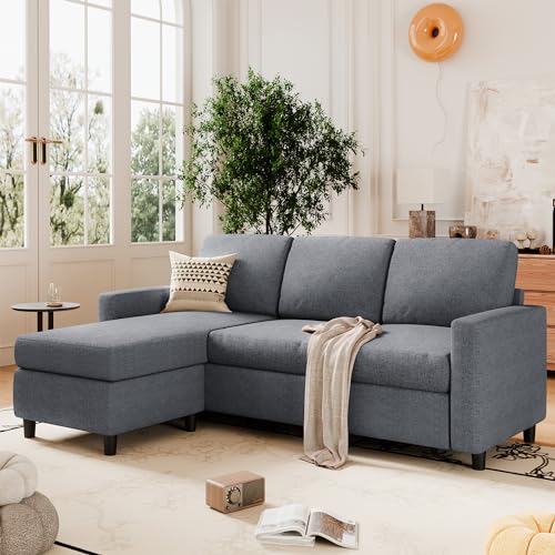 SUNLEI L-Shaped Couch Sofa for Living Room Convertible Sectional Sofa with Reversible Chaise Modern Linen Fabric,Sectional Sofa Couch for Small Space(Dark Grey)