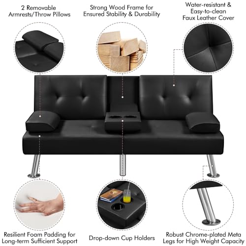 Yaheetech Convertible Sofa Bed Adjustable Couch Sleeper Modern Faux Leather Recliner Reversible Loveseat Folding Daybed Guest Bed, Removable Armrests, Cup Holders, 3 Angles, 772lb Capacity, Black