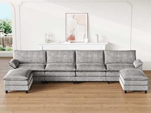 Flamaker Modular Sectional Sofa Couch, Fabric Reversible U Shaped Sofa Couch Cloud Couch with 2 Ottoman, 4-Seat Sectional Sofa Couches for Living Room, Apartment(Grey)