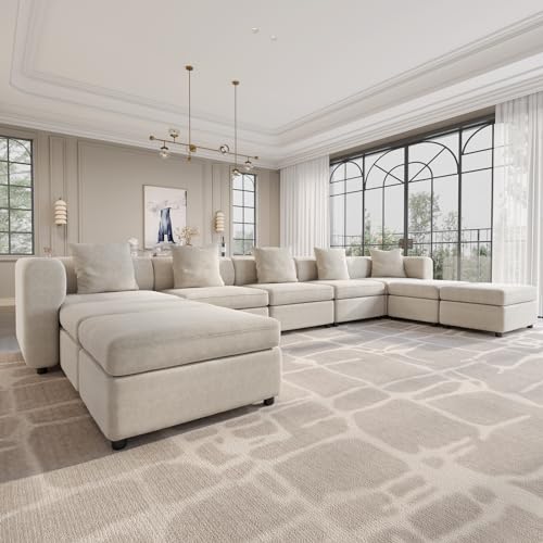 Miuuod 9 Seaters L/U Shape Oversized Convertible Sectional Sofa Couch for Living Room,5 Seats with 4 Ottomans L Shape Sofa,Cozy Couches,Queen Velvet Couche,Extra Large Sofa Bed Beige,183.46" L