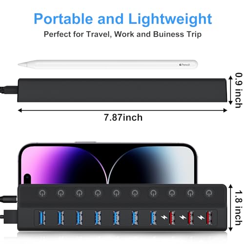 Powered USB Hub, 10-Port USB Splitter Hub (7 Faster Data Transfer Ports+ 3 Smart Charging Port) with Individual LED On/Off Switches and 12V/3A Power Adapter USB Extension for Mac, PC and More