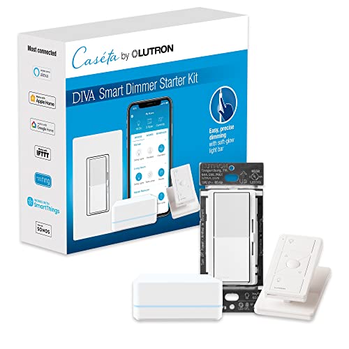 Lutron Caseta Smart Lighting Kit w/Hub, Diva Smart Dimmer Switch, Remote & More, for LED Bulbs, Works w/Alexa, Apple Homekit, Google Home, No Neutral Required, 150W Single-Pole/3-Way, DVRF-BDG-1DP-A