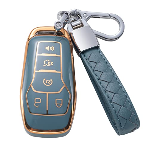 CHEZENHUI Compatible with Ford Key Fob Cover with Leather Lanyard, Car Key Case Shell Protection for Ford 2017 Fusion F250 F350 F450 Edge Explore Smart Remote Control, Blue