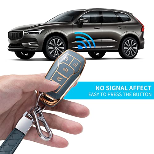 CHEZENHUI Compatible with Ford Key Fob Cover with Leather Lanyard, Car Key Case Shell Protection for Ford 2017 Fusion F250 F350 F450 Edge Explore Smart Remote Control, Blue