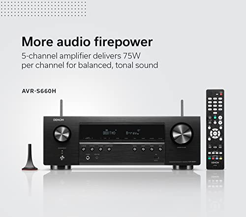 Denon AVR-S660H 5.2 Ch AVR - 75 W/Ch, Advanced 8K Upscaling, 3D Audio - Dolby TrueHD, DTS:HD Master & More, Wireless, Built-in HEOS, Alexa, Receiver