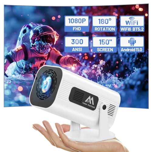Mini Projector with WiFi and Bluetooth, 180°Adjustable Stand Portable Projector, Support 2.4G/5G WiFi6, 150" Smart Projector with Android TV 11.0, 1080P, Auto Keyston Outdoor/Home Theater, White
