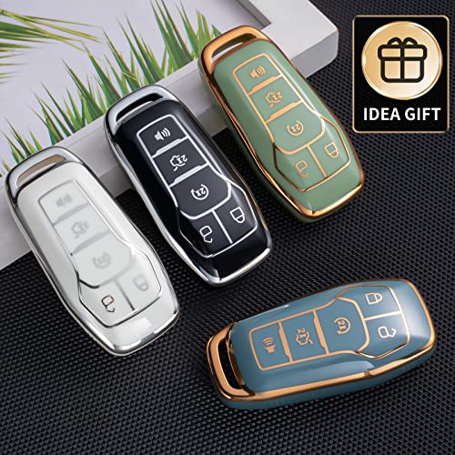 CHEZENHUI Compatible with Ford Key Fob Cover with Leather Lanyard, Car Key Case Shell Protection for Ford 2017 Fusion F250 F350 F450 Edge Explore Smart Remote Control, Blue