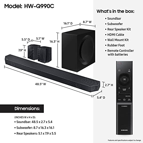 SAMSUNG HW-Q990C 11.1.4ch Soundbar w/ Wireless Dolby Audio, Rear Speakers Included w/ Q-Symphony, SpaceFit Sound Pro, Adaptive Sound, Game Mode Pro, Airplay 2, AVA, Alexa Built-In