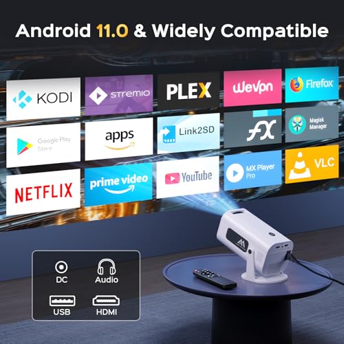 Mini Projector with WiFi and Bluetooth, 180°Adjustable Stand Portable Projector, Support 2.4G/5G WiFi6, 150" Smart Projector with Android TV 11.0, 1080P, Auto Keyston Outdoor/Home Theater, White