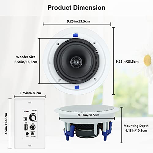Herdio 6.5 Inch Bluetooth Ceiling Speakers 320W 2-Way Flush Mount in Wall Amplifier Receiver Suitable for Home Theater Bathroom Living Room Kitchen Office (White, Pair)