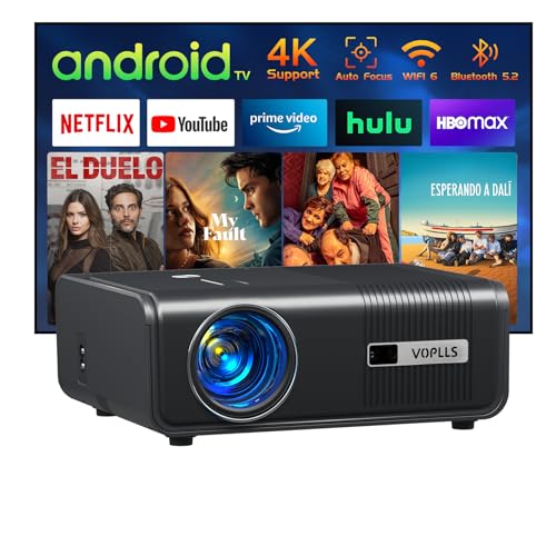 [Android TV & Auto Focus/Keystone] 4K Smart Projector with WiFi and Bluetooth, VOPLLS 600ANSI Native 1080P Outdoor Projector, PPT, 50% Zoom Home Theater Movie Projector for Bedroom/iOS/Android
