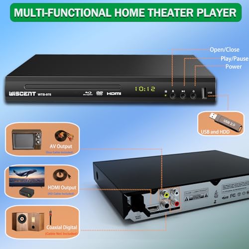 Blu Ray DVD Player, WISCENT Full HD 1080p Home Theater Disc System, Region A/1 Blu-Rays,HD Blu-Ray DVD Player for TV with Coaxial Audio/HDMI/AV/Output, USB Input, Built-in PAL NTSC