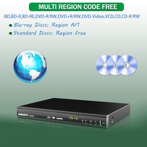 Blu Ray DVD Player, WISCENT Full HD 1080p Home Theater Disc System, Region A/1 Blu-Rays,HD Blu-Ray DVD Player for TV with Coaxial Audio/HDMI/AV/Output, USB Input, Built-in PAL NTSC