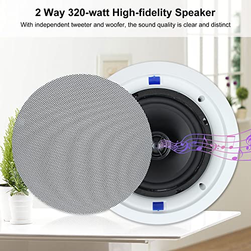 Herdio 6.5 Inch Bluetooth Ceiling Speakers 320W 2-Way Flush Mount in Wall Amplifier Receiver Suitable for Home Theater Bathroom Living Room Kitchen Office (White, Pair)
