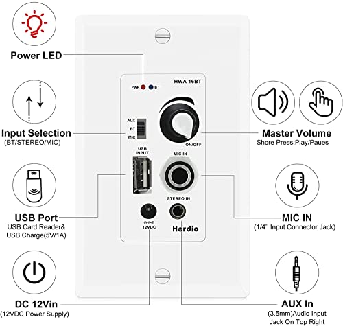 Herdio 6.5 Inch Bluetooth Ceiling Speakers 320W 2-Way Flush Mount in Wall Amplifier Receiver Suitable for Home Theater Bathroom Living Room Kitchen Office (White, Pair)