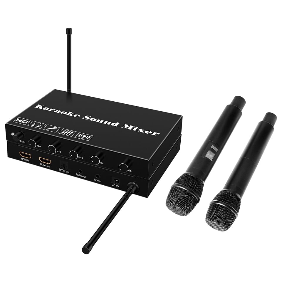 HDSUNWSTD Sound Town Microphone Karaoke Mixer System with Dual Handheld Microphone, 3.5mm Audio/Optical/ & HDMI in/Out in Singing Receiver for Smart TV, PC, KTV, Home Theater