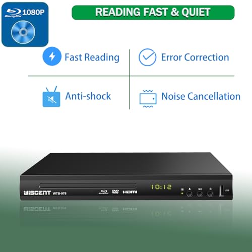 Blu Ray DVD Player, WISCENT Full HD 1080p Home Theater Disc System, Region A/1 Blu-Rays,HD Blu-Ray DVD Player for TV with Coaxial Audio/HDMI/AV/Output, USB Input, Built-in PAL NTSC