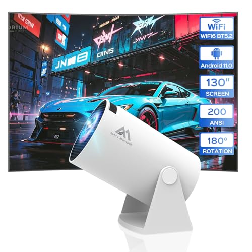 Mini Projector with WiFi and Bluetooth, 180°Rotatable Portable Projector, 1080P Support, 130" Smart Projector with Android TV 11.0, Short Throw, Auto Keyston for Outdoor/Home Theater, White