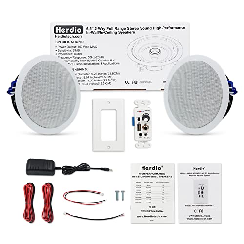 Herdio 6.5 Inch Bluetooth Ceiling Speakers 320W 2-Way Flush Mount in Wall Amplifier Receiver Suitable for Home Theater Bathroom Living Room Kitchen Office (White, Pair)