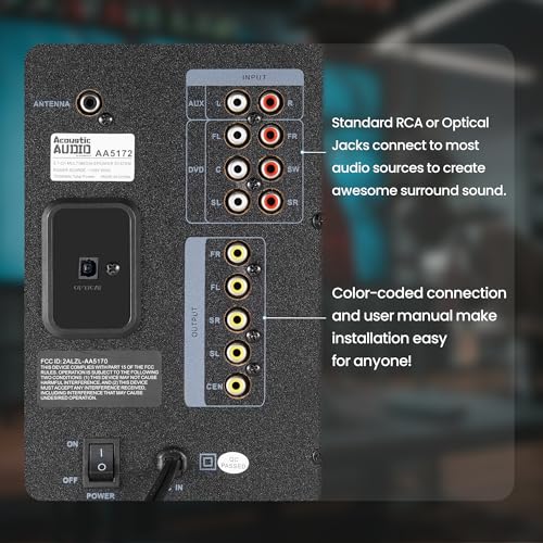 Acoustic Audio AA5172 700W Bluetooth Home Theater 5.1 Speaker System with FM Tuner, USB, SD Card, Remote Control, Powered Sub (6 Speakers, 5.1 Channels, Black with Gray)