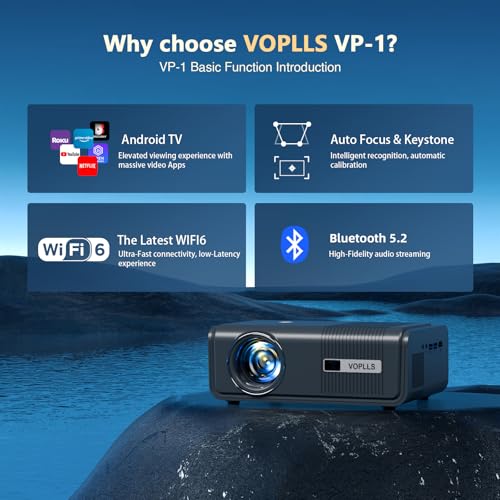 [Android TV & Auto Focus/Keystone] 4K Smart Projector with WiFi and Bluetooth, VOPLLS 600ANSI Native 1080P Outdoor Projector, PPT, 50% Zoom Home Theater Movie Projector for Bedroom/iOS/Android