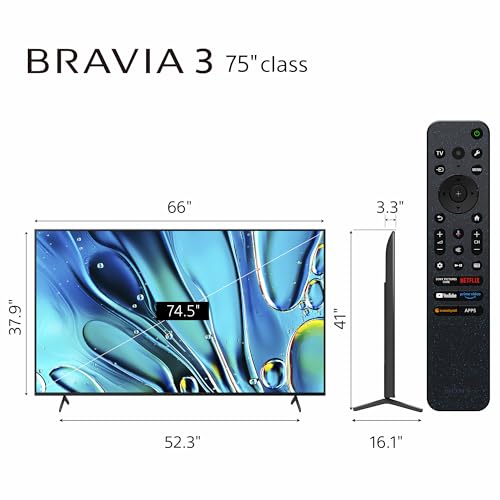 Sony 75 Inch 4K Ultra HD TV BRAVIA 3 LED Smart Google TV with Dolby Vision HDR and Exclusive Features for Playstation®5 (K-75S30), 2024 Model