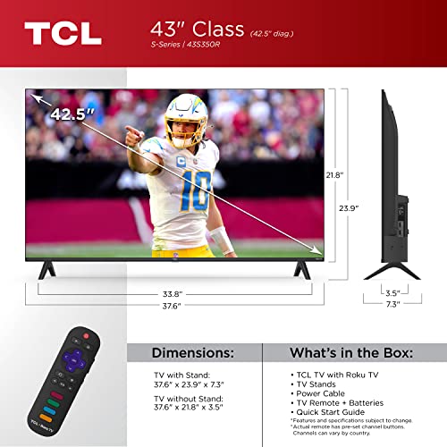 TCL 43-Inch Class S3 1080p LED Smart TV with Roku TV (43S350R, 2023 Model), Compatible with Alexa, Google Assistant, and Apple HomeKit Compatibility, Streaming FHD Television