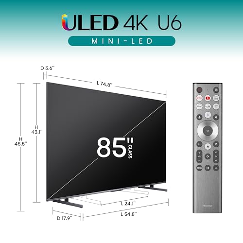 Hisense 85-Inch Class U6 Series Mini-LED ULED 4K UHD Google Smart TV (85U6N, 2024 Model) - QLED, Motion Rate 240, HDR 10+, Full Array Local Dimming, Game Mode Plus, Alexa Compatibility