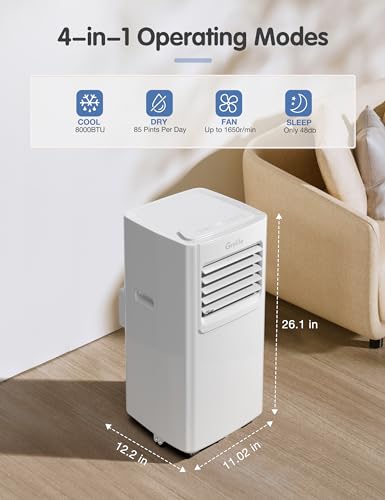 Portable Air Conditioner,Grelife 8000BTU 4-in-1 AC Unit with Fan, and Dehumidifier for Up to 350 sq. ft. Featuring Smart/Sleep Modes, LED Display,Remote Control,Ultra-Quiet at 48dB,24-Hour Timer