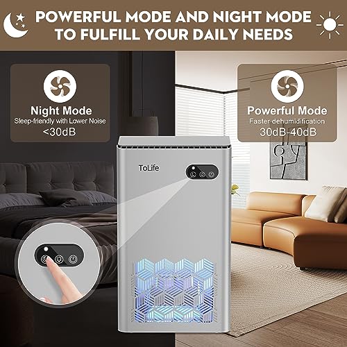 Dehumidifier, ToLife Dehumidifiers for Room, 95 OZ Water Tank, (950 sq.ft) Dehumidifiers for Basement Home Bathroom Bedroom with Auto Shut Off, 7 Colors LED Light, Silver TZ-C2