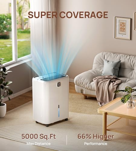 5,000 Sq. Ft Dehumidifier for Basement, 80 Pints VEAGASO Dehumidifiers for Home, Bathroom, Large Room, Closet, Bedroom, Dehumidifier with Drain Hose, Auto Shut Off, Auto Defrost, 5.2L Water Tank