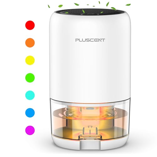 PLUSCENT Dehumidifiers for Home Bathroom Bedroom, 35OZ Dehumidifier for Small Room 280 sq.ft with Auto Shut Off, 2 Modes and 7 Colors LED Light Mini Dehumidifiers for Closet Desktop Office RV